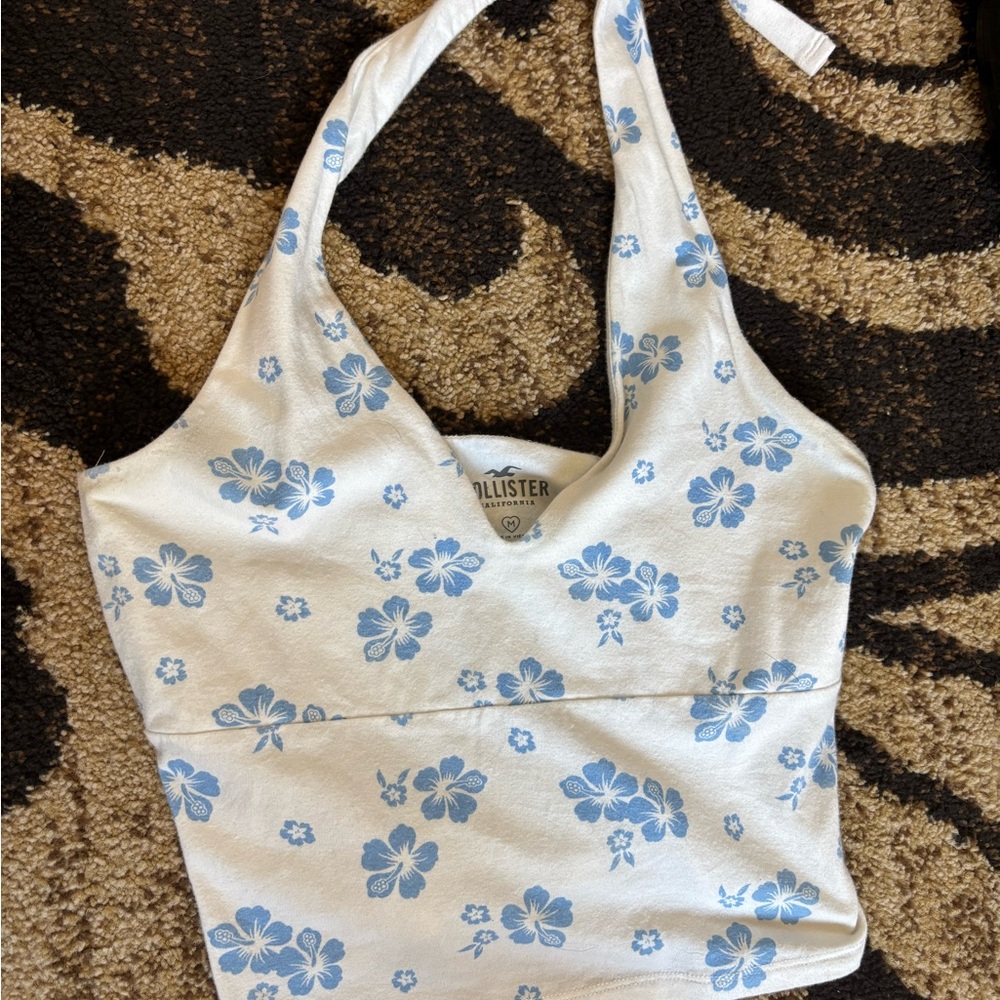 Hollister White and Blue Fitted Halter Tank Top